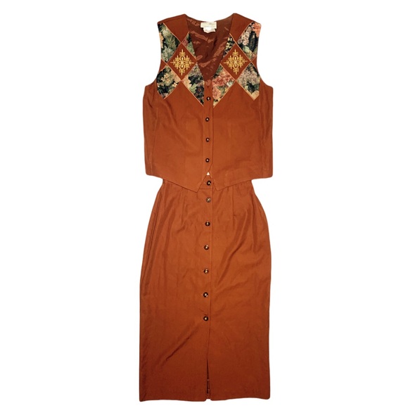 Vintage Ginger Brown Western Embroidered Vest and Skirt Two Piece - Picture 4 of 15